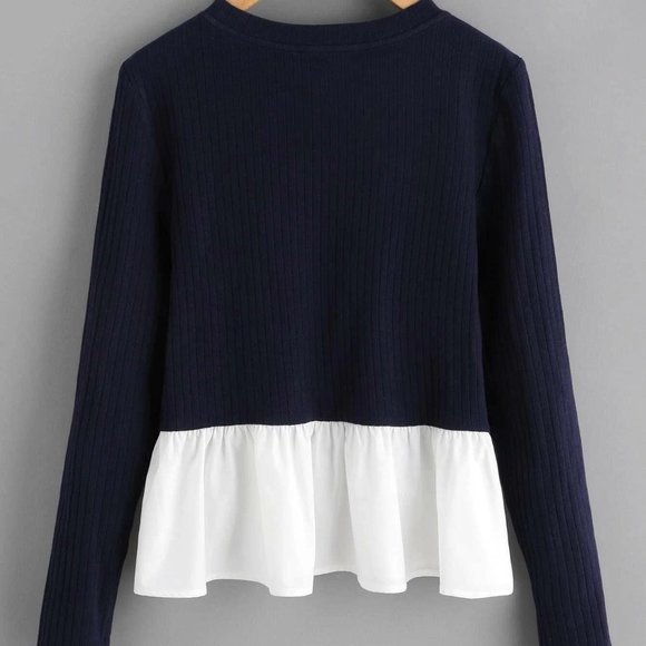 Contrast Ruffle Hem Rib Knit T-shirt NWOT - Picture 2 of 4